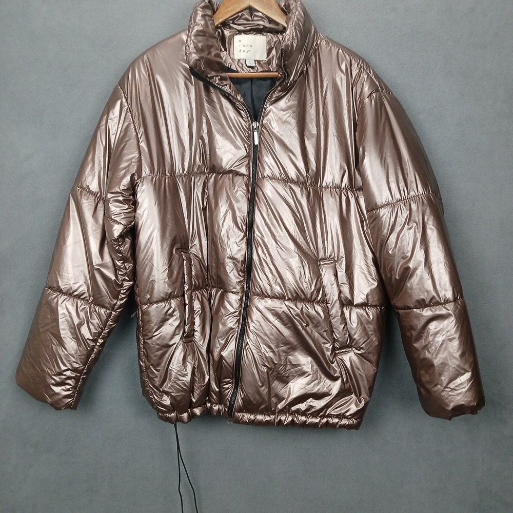 A New Day Puffer Jacket Mens‎ Large Brown Nylon Lined Mock Neck Full Zip Winter